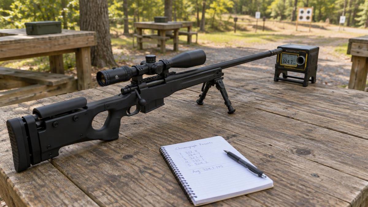 Airsoft sniper rifle aimed into a chronograph on a wooden shooting bench