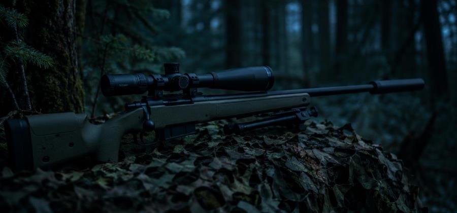 Airsoft sniper rifle with scope resting on camouflage netting in dark woodland