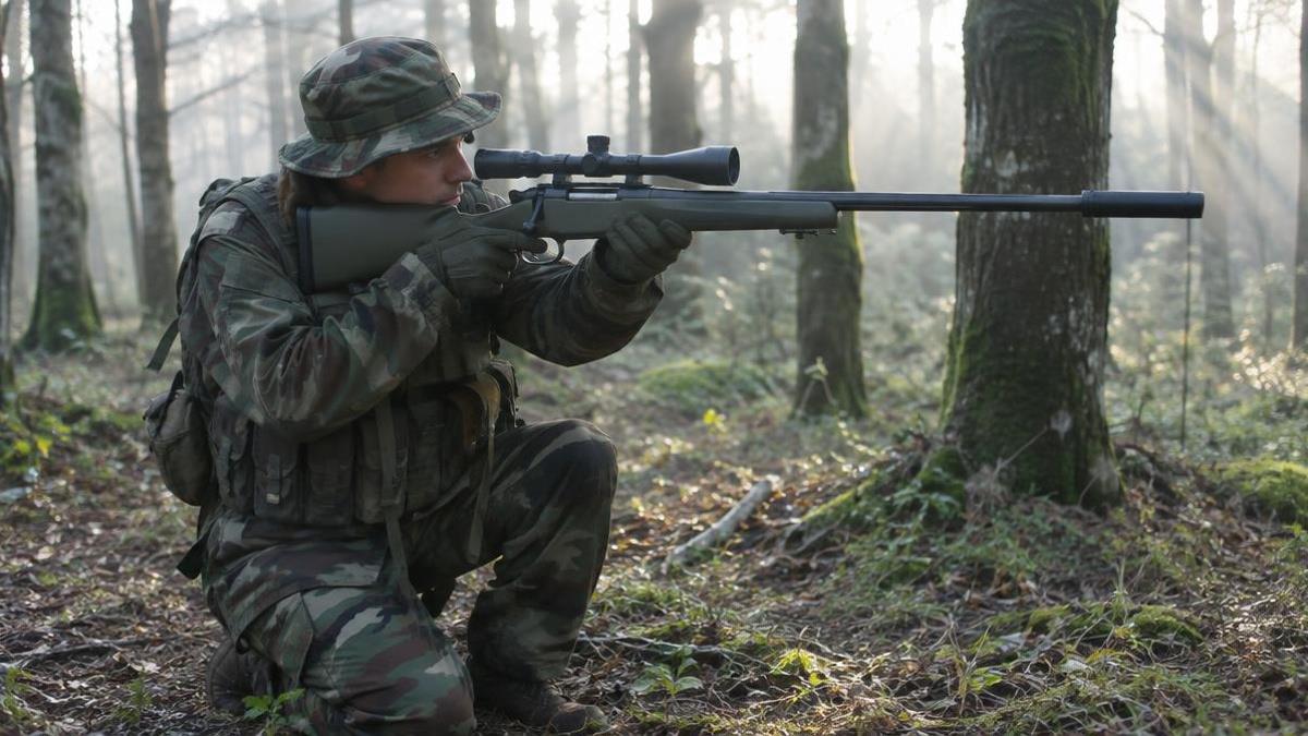 Airsoft player in woodland camouflage with a bolt action sniper rifle in a forest