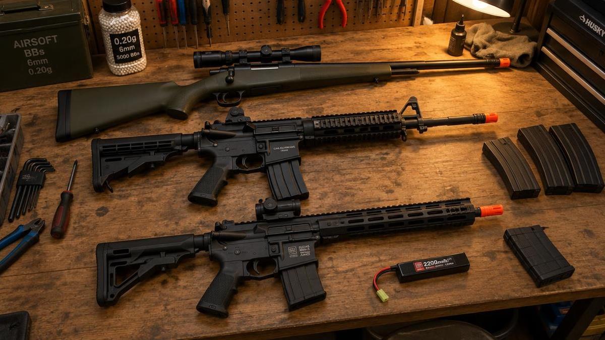 Three airsoft rifles with different power plants on a workshop bench