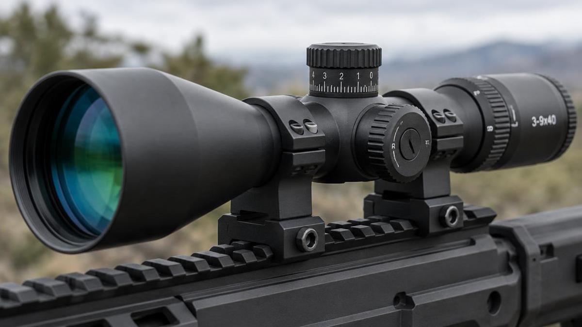 Close-up of a 3-9x40 scope mounted on a picatinny rail, objective lens facing forward