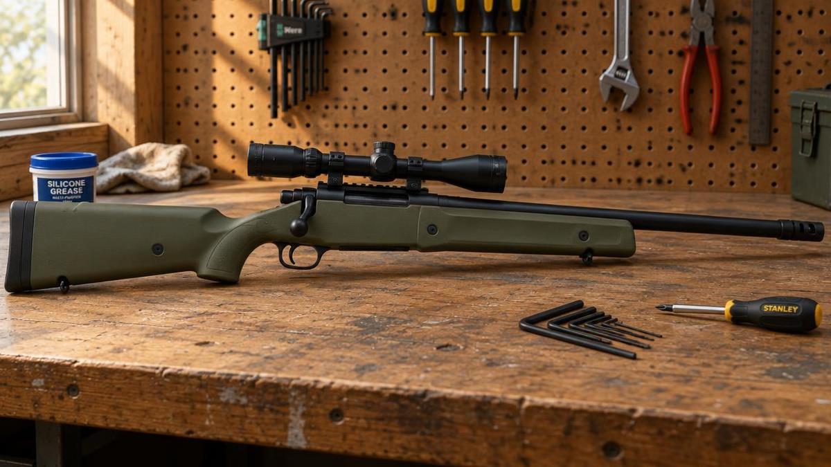 Spring-powered bolt action airsoft sniper replica on a workbench beside a grease tub and tools