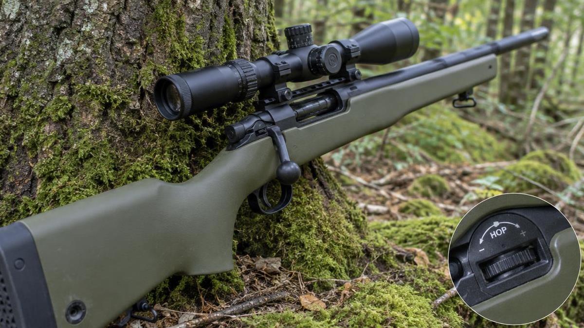 Tokyo Marui VSR-10 Pro airsoft sniper rifle resting against a tree