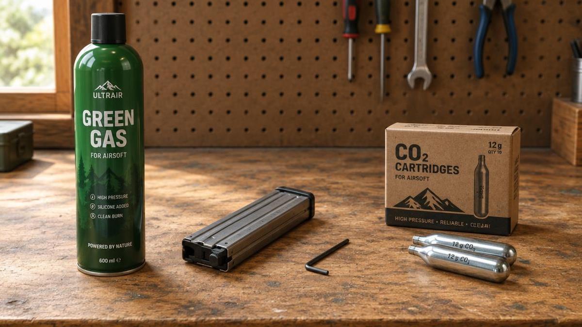 Green gas bottle beside a box of CO2 cartridges, a gas magazine and a hex key on a workbench