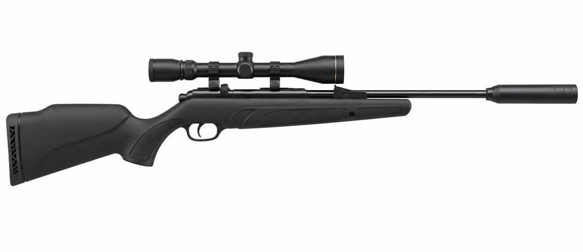 GAMO Silent Cat air rifle with moderator and scope on white background