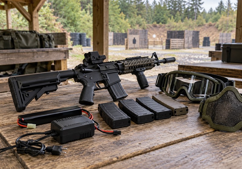 Player fitting a battery to an electric airsoft rifle in a safe zone